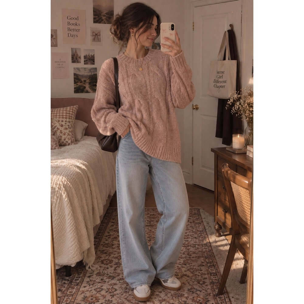 American Eagle Pink Cable Knit Oversized Sweater – Size M